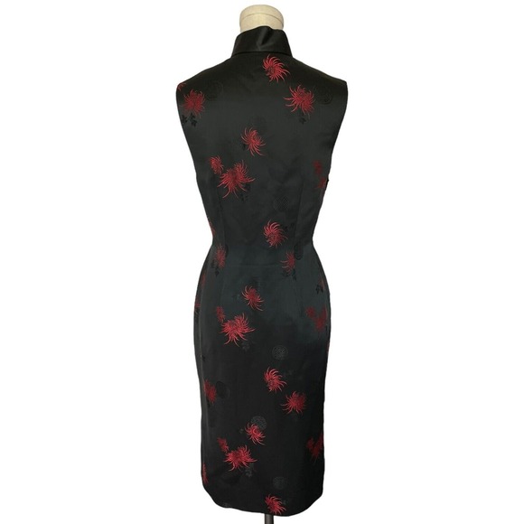 Vintage Silky Black and Red Asian Cheongsam Qipao Dress Symbol Floral Jacquard - Picture 5 of 7